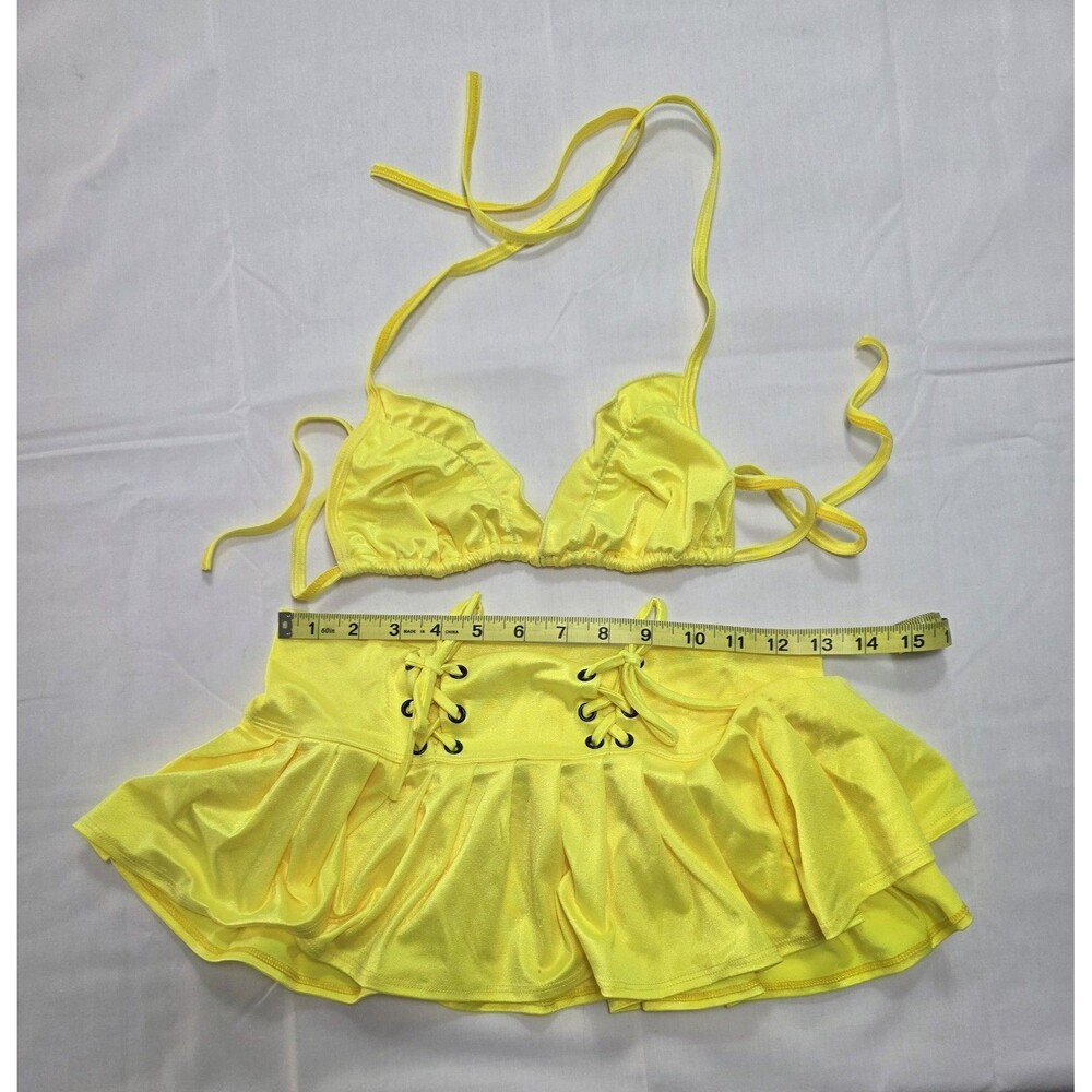 Neon Yellow Body Zone Women's Holographic Pleated Mini Skirt and Bikini Top Sz S